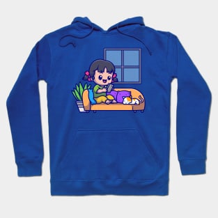 Cute Girl Operating Phone With Cat Cartoon Hoodie